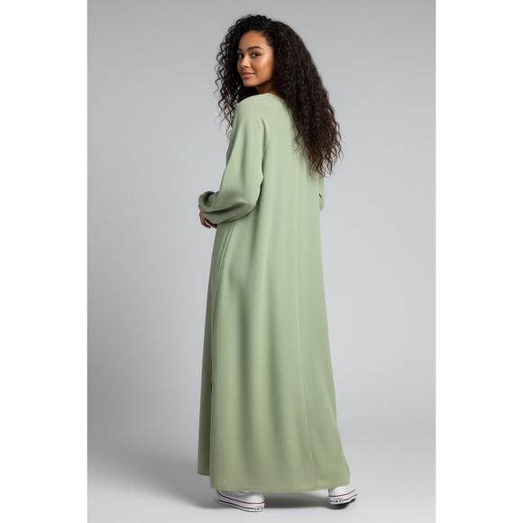 H&M Drawstring Neck Maxi Dress Sage Green Long Sleeve Slit Sides M - Picture 2 of 8